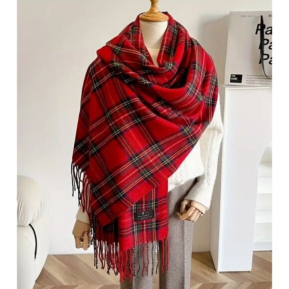 Women's Red Plaid Scarf 20x80in Polyester with tassels - Picture 1 of 2